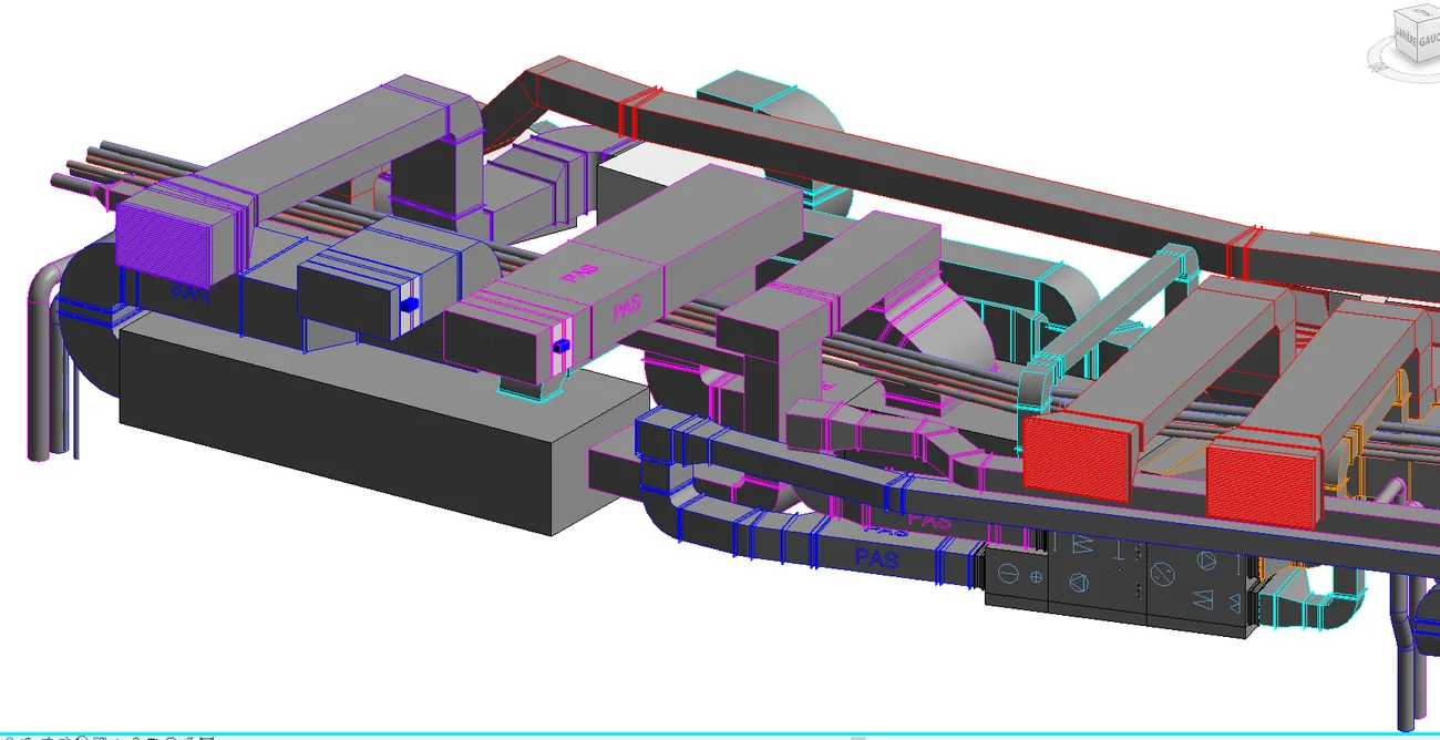Maquette numérique d’une centrale de traitement d’air et de ses réseaux : gaines, coudes, piquages, batteries et équipements terminaux modélisés en trois dimensions.