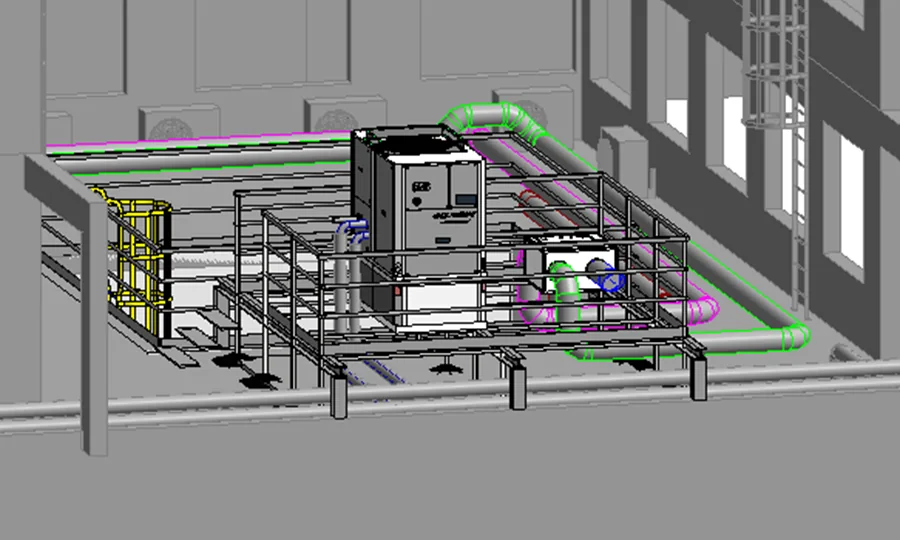Maquette numérique d’un site existant : plateforme technique extérieure en pied de façade, centrale de traitement d’air et groupe de production sur charpente métallique, garde-corps, réseaux aérauliques et hydrauliques colorés par lot, bâtiment modélisé autour.